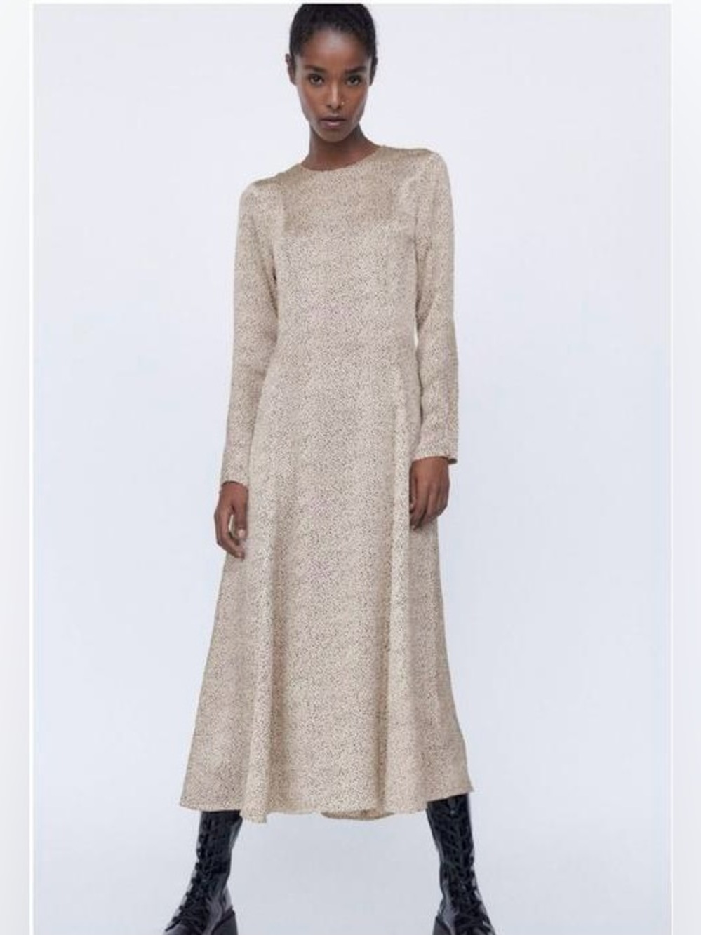 NWT ZARA Satin Long Sleeve Midi Dress in Abstract Animal Print, Size Small
